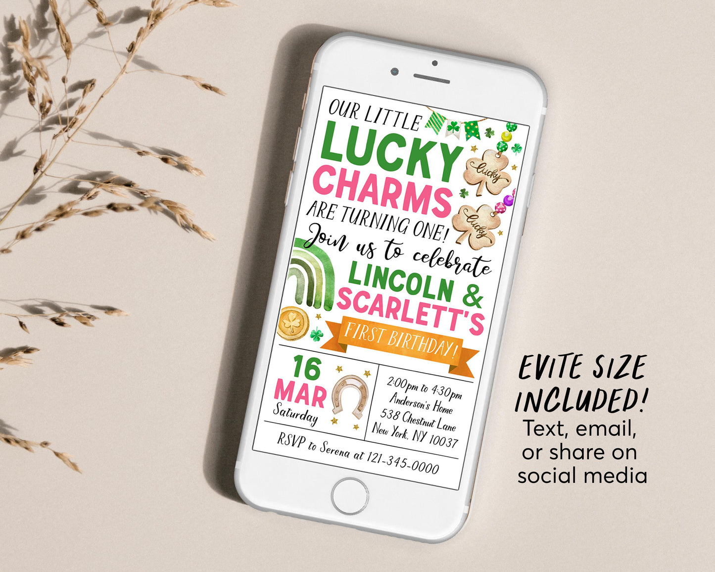 Lucky Charm Joint Siblings Birthday Invitation With Photo Editable Template, Twin Girl Boy St Patrick's Day Shamrock Party Invite Evite