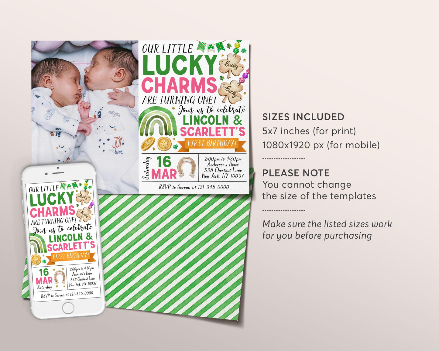 Lucky Charm Joint Siblings Birthday Invitation With Photo Editable Template, Twin Girl Boy St Patrick's Day Shamrock Party Invite Evite