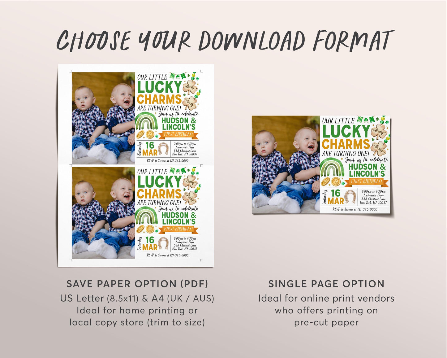 Lucky Charm Joint Siblings Birthday Invitation With Photo Editable Template, Twin Boys St Patrick's Day Shamrock First Party Invite Evite