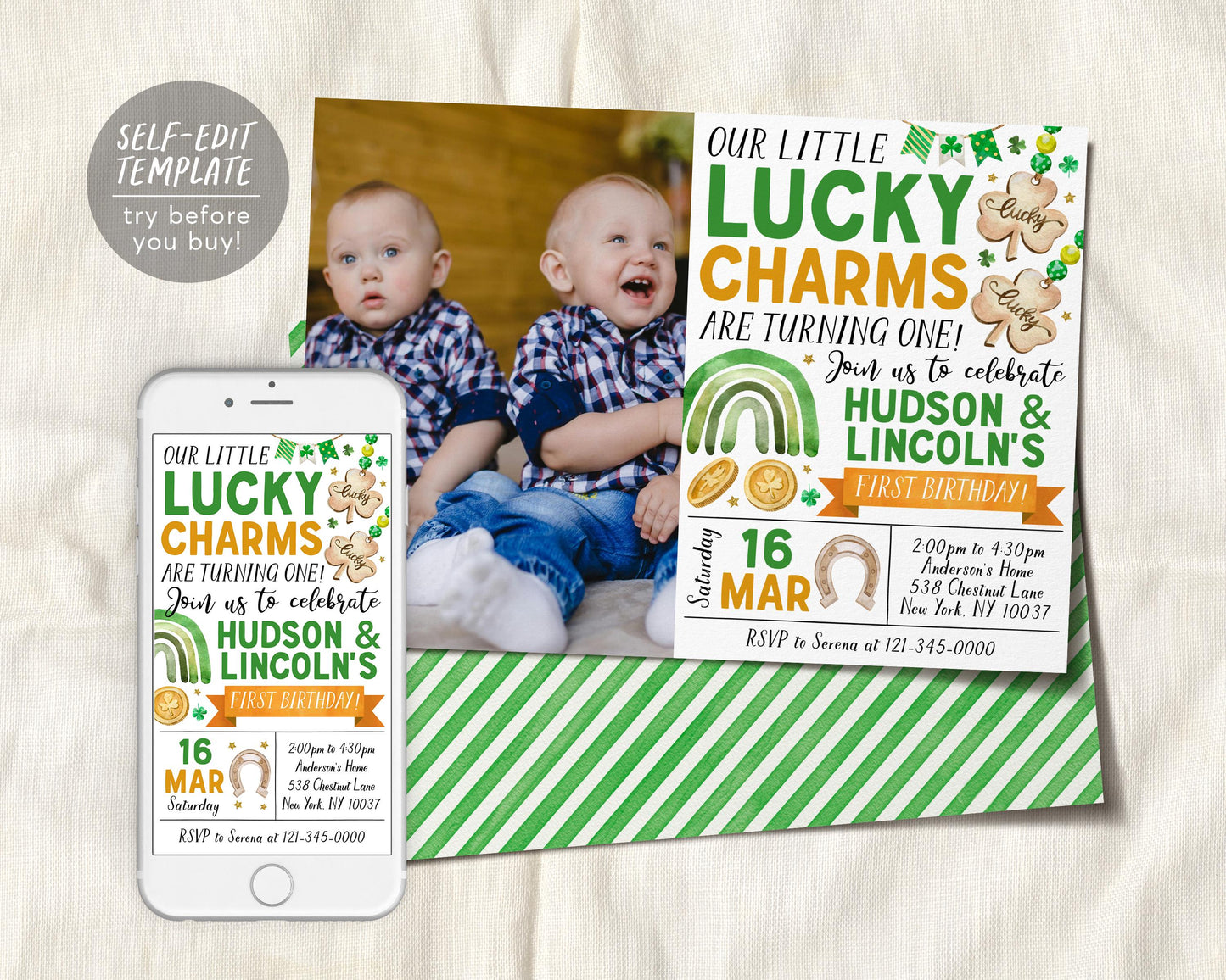 Lucky Charm Joint Siblings Birthday Invitation With Photo Editable Template