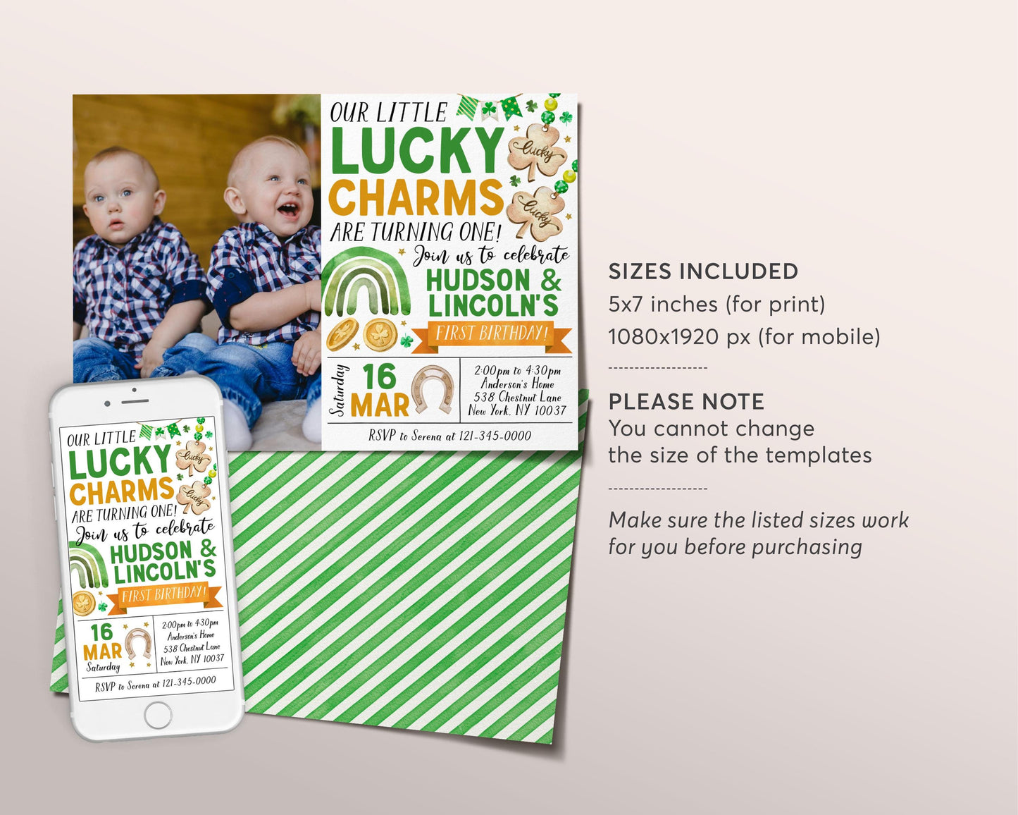 Lucky Charm Joint Siblings Birthday Invitation With Photo Editable Template, Twin Boys St Patrick's Day Shamrock First Party Invite Evite