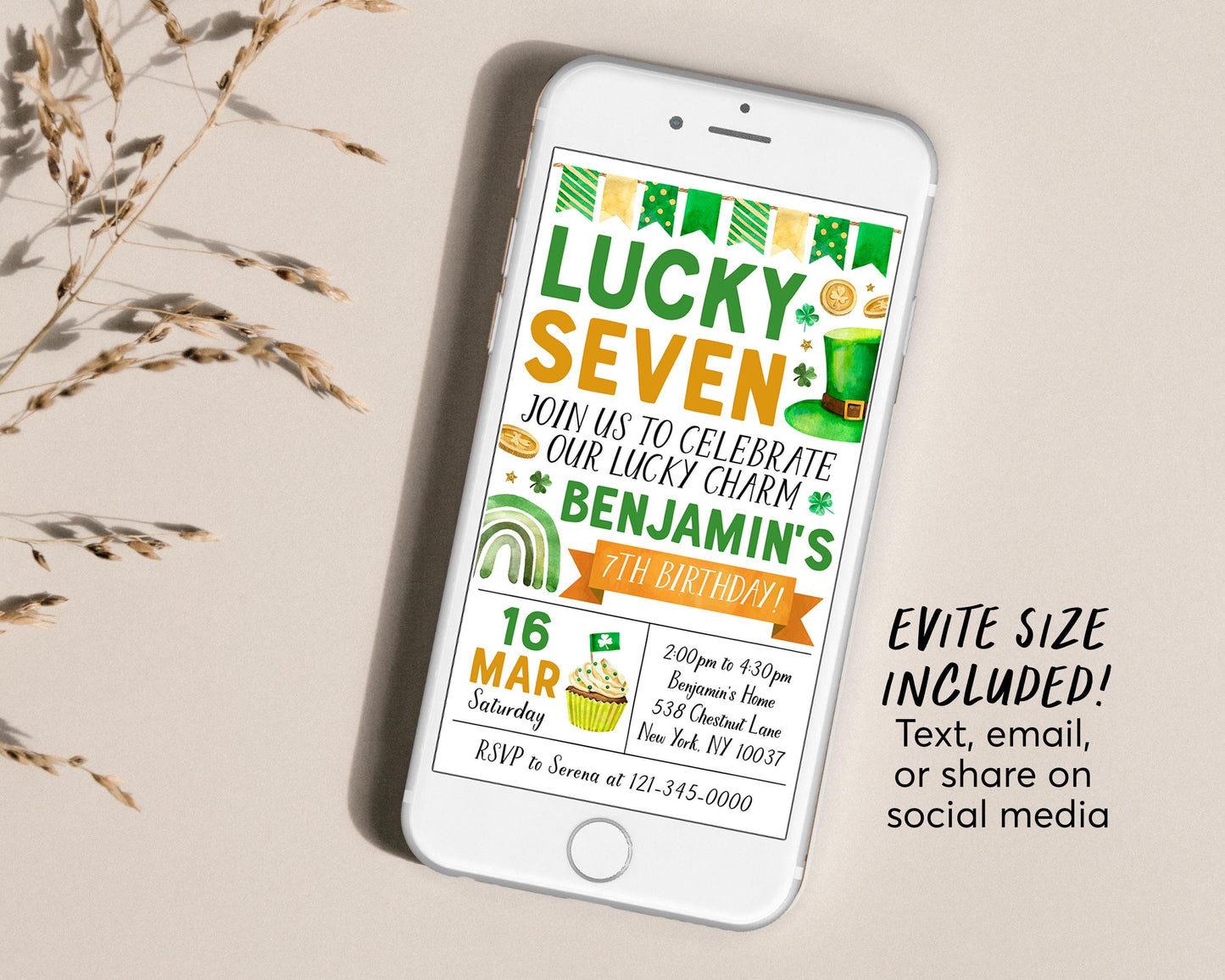 Lucky Seven 7th Birthday Invitation With Photo Editable Template, St Patrick's Day Shamrock Birthday Party Invite, Lucky 7 Our Lucky Charm