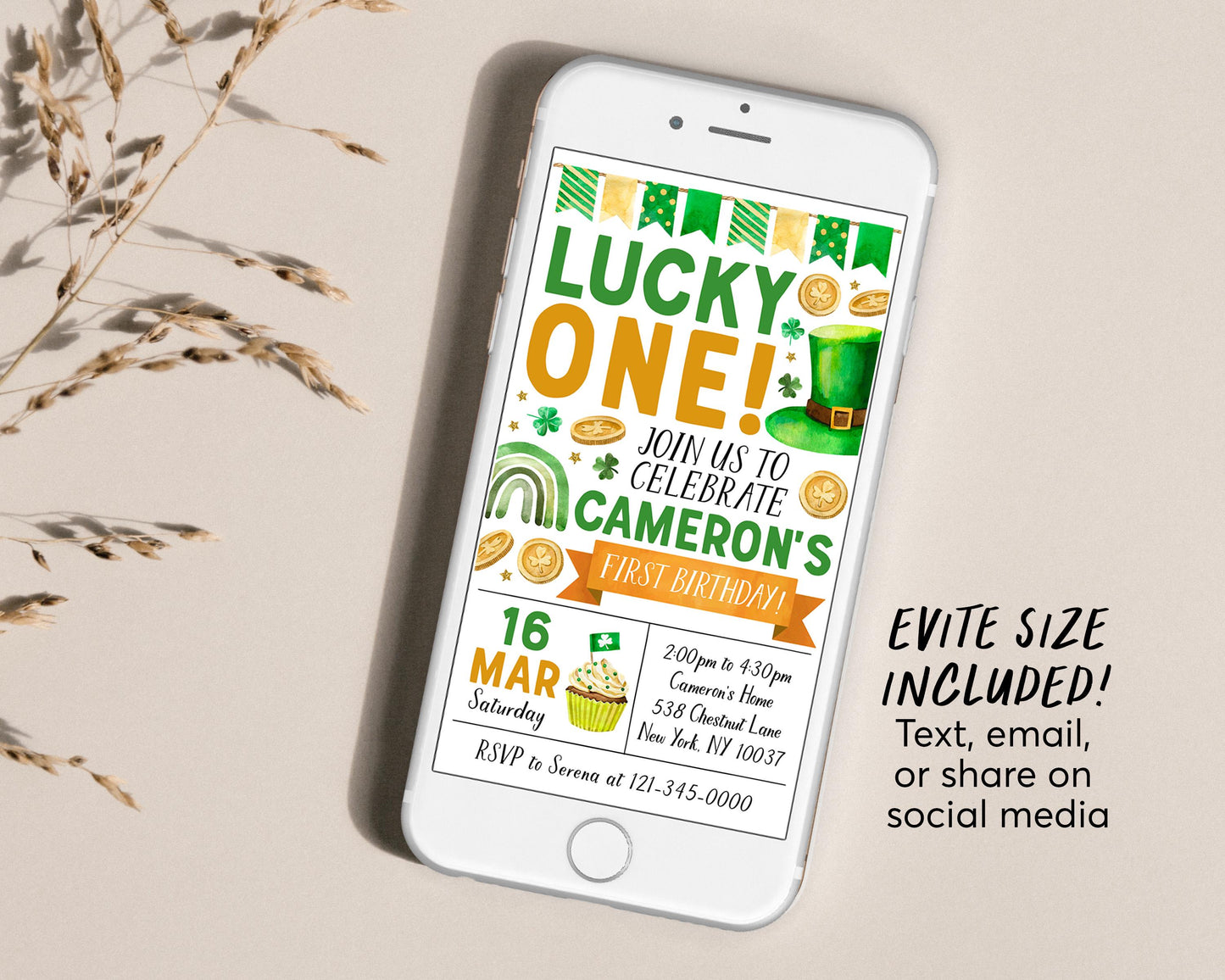 Lucky One First Birthday Invitation With Photo Editable Template, St Patrick's Day Shamrock 1st Birthday Party Invite Printable Evite