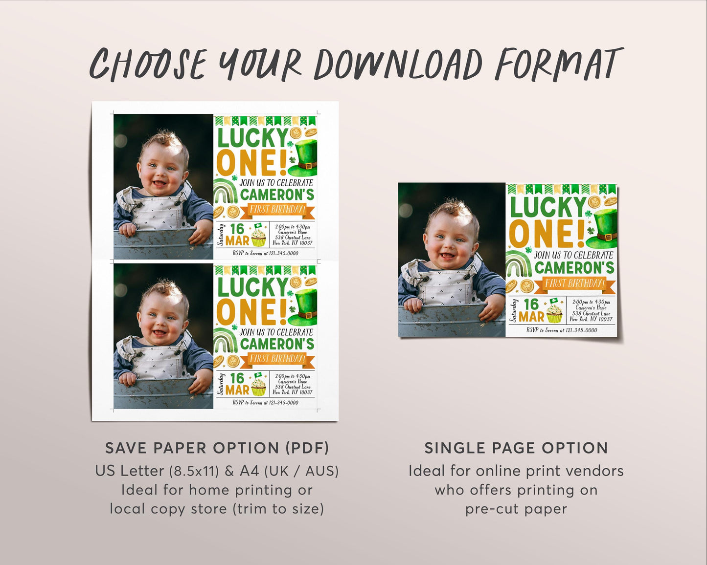 Lucky One First Birthday Invitation With Photo Editable Template, St Patrick's Day Shamrock 1st Birthday Party Invite Printable Evite