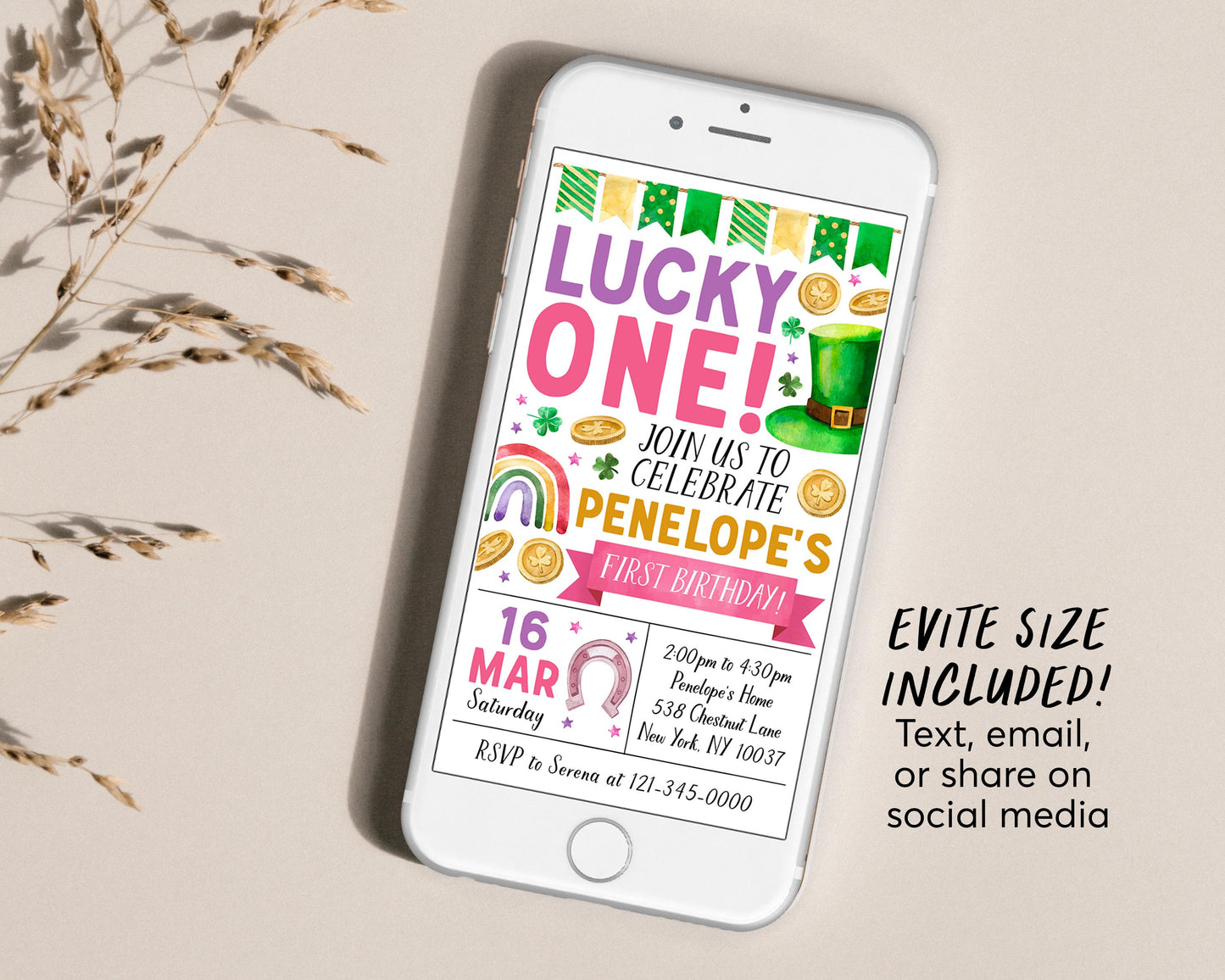 Lucky One First Birthday Invitation With Photo Editable Template, Girl St Patrick's Day Shamrock Birthday Party Invite Evite, St Paddy's Day