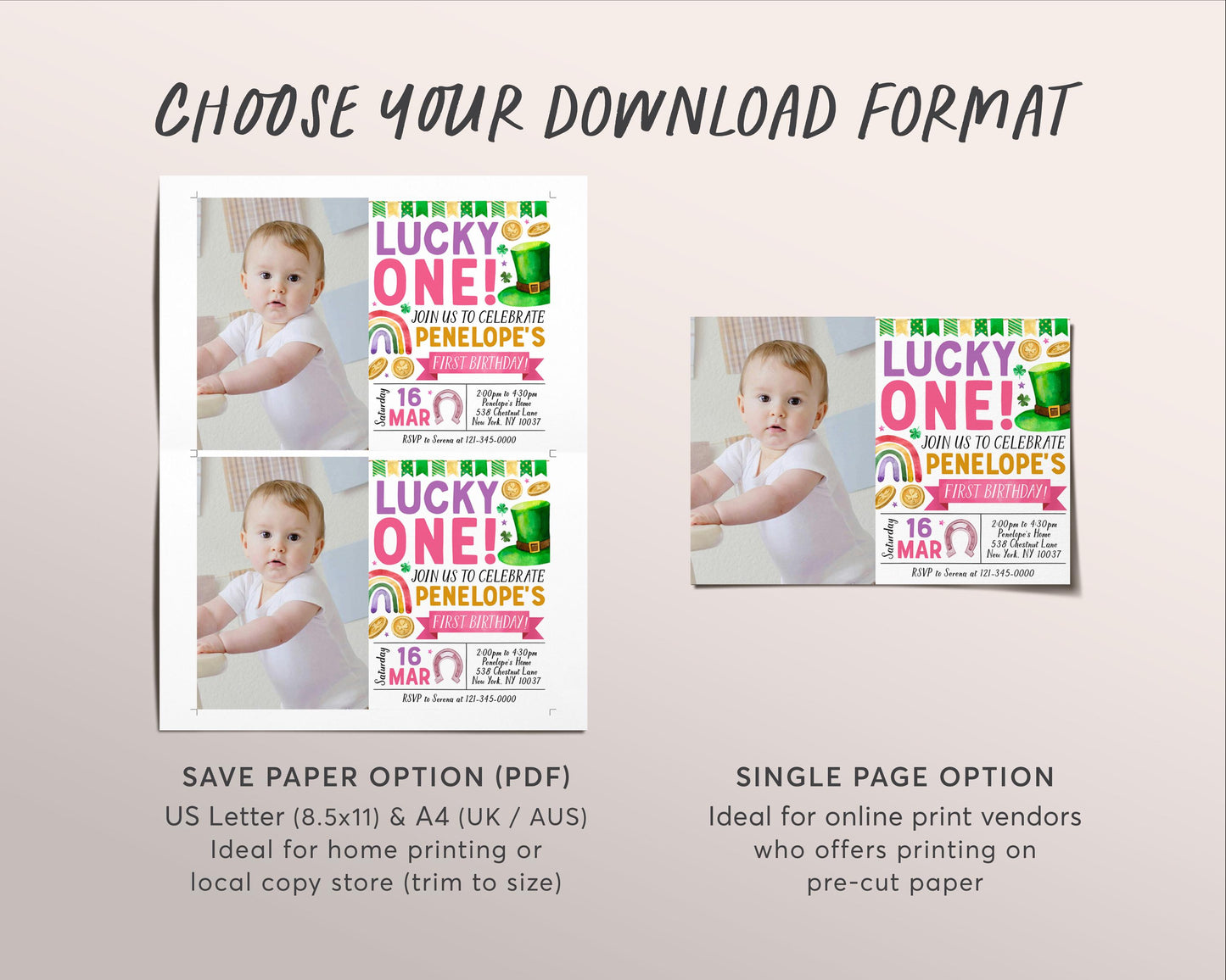 Lucky One First Birthday Invitation With Photo Editable Template, Girl St Patrick's Day Shamrock Birthday Party Invite Evite, St Paddy's Day