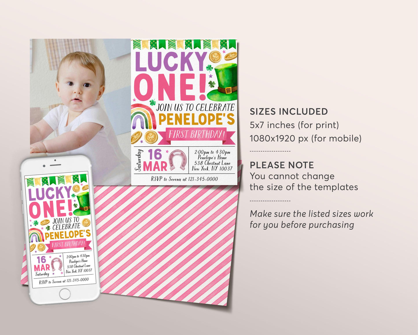 Lucky One First Birthday Invitation With Photo Editable Template, Girl St Patrick's Day Shamrock Birthday Party Invite Evite, St Paddy's Day