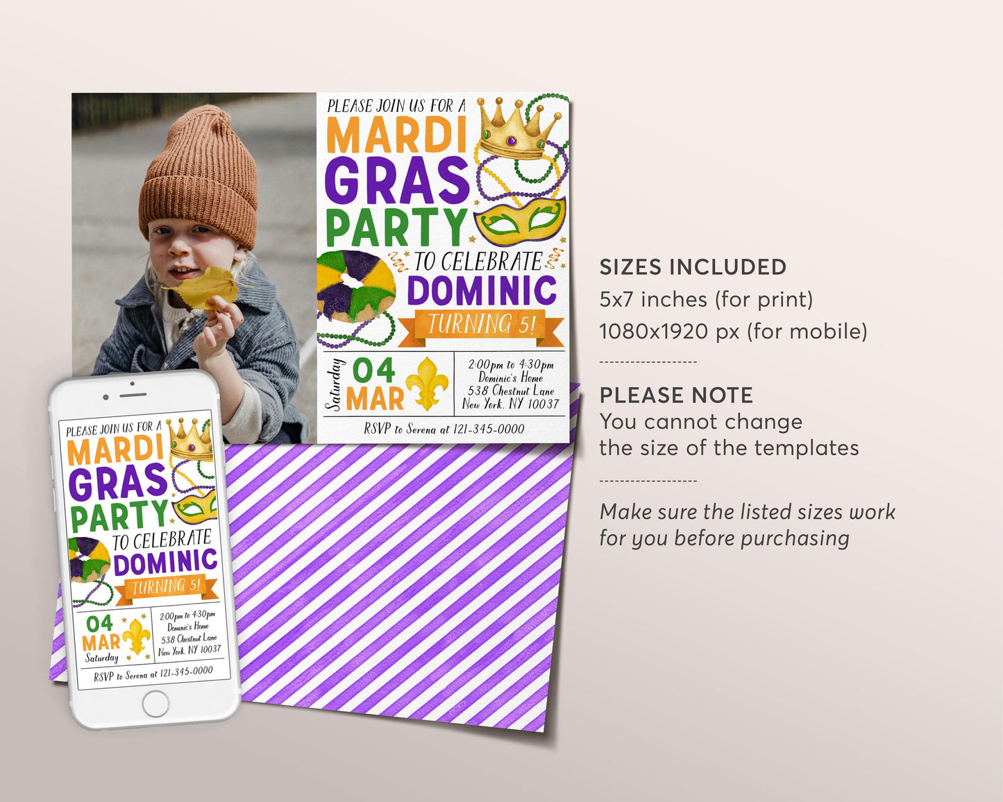 Mardi Gras Birthday Invitation With Photo Editable Template, Mardi Gras Fat Tuesday Party Invite, Let The Good Times Roll King Cake Evite