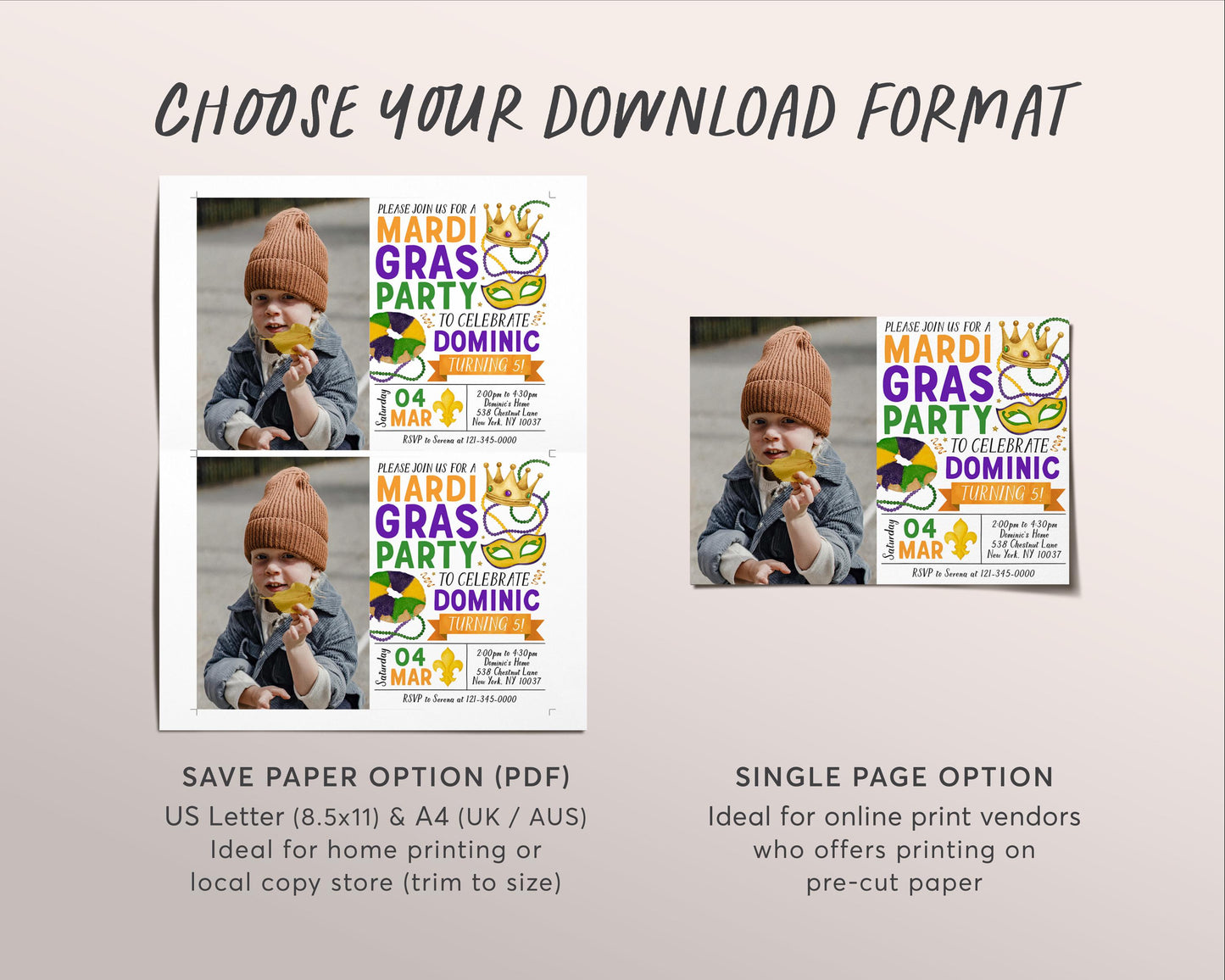 Mardi Gras Birthday Invitation With Photo Editable Template, Mardi Gras Fat Tuesday Party Invite, Let The Good Times Roll King Cake Evite