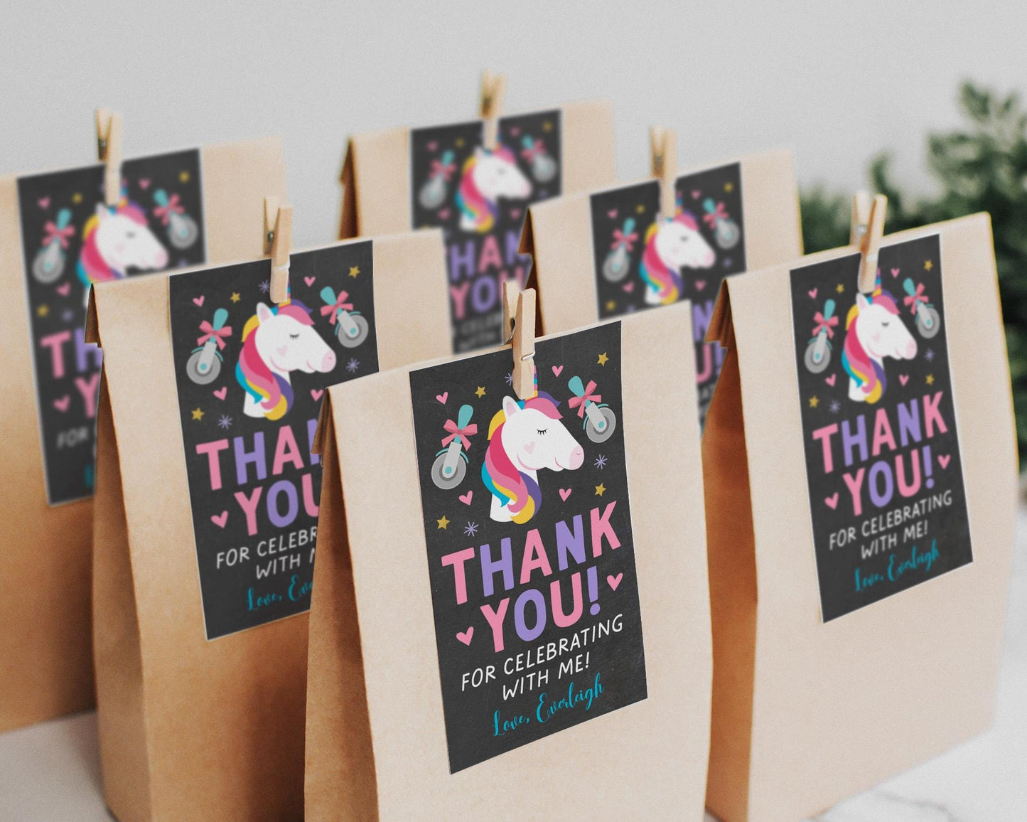 Unicorn Pizza Favor Tags Editable Template, Chalkboard Pizzeria Unicorn Birthday Party Thank You Gift Tag, Rainbow Printable Girl Hearts