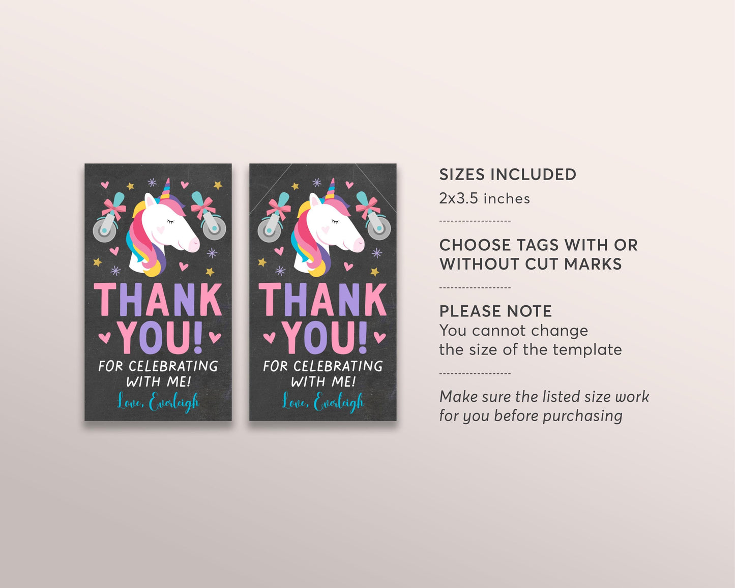 Unicorn Pizza Favor Tags Editable Template, Chalkboard Pizzeria Unicorn Birthday Party Thank You Gift Tag, Rainbow Printable Girl Hearts