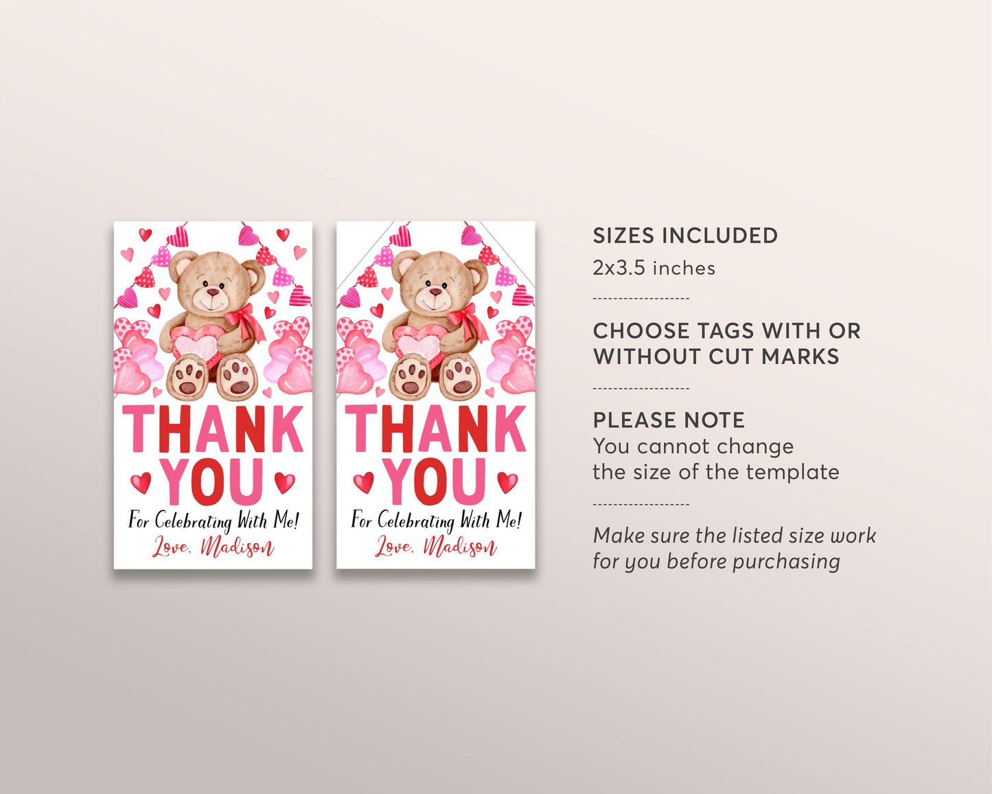 Valentines Day Favor Tags Editable Template, Our Little Sweetheart Birthday Party Thank You Treat Bag Teddy Bear Hearts Valentine Gift Tags