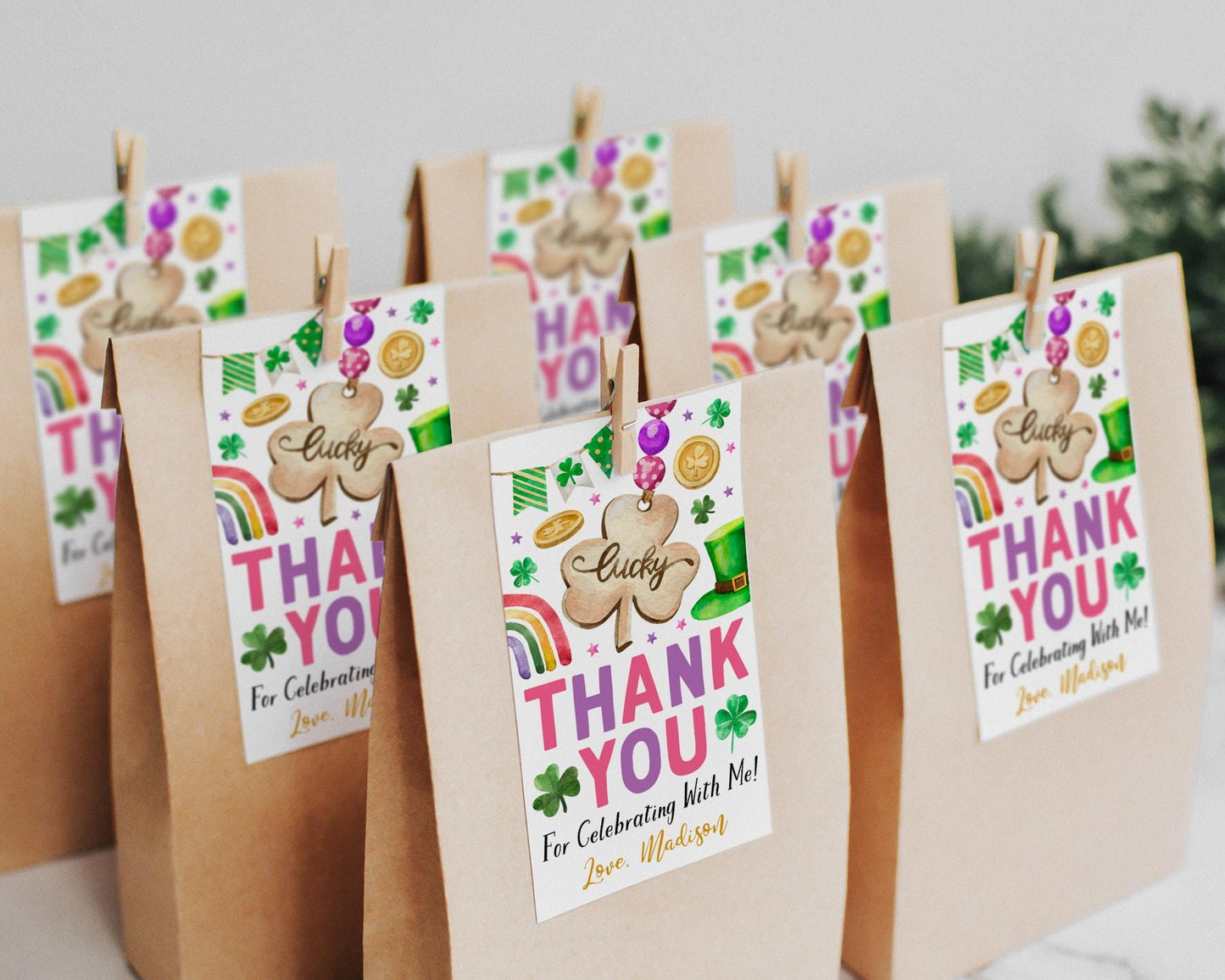 St Patricks Day Lucky Charm Birthday Party Favor Tags Editable Template, Shamrock Girl Birthday Thank You Treat Bag, Lucky One Gift Tags
