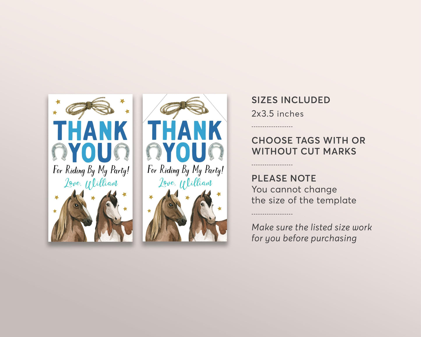 Horse Birthday Party Favor Tags Editable Template, Cowboy Horse Boy Equestrian Party Birthday Thank You Treat Bag, Saddle Up Rodeo Gift Tags