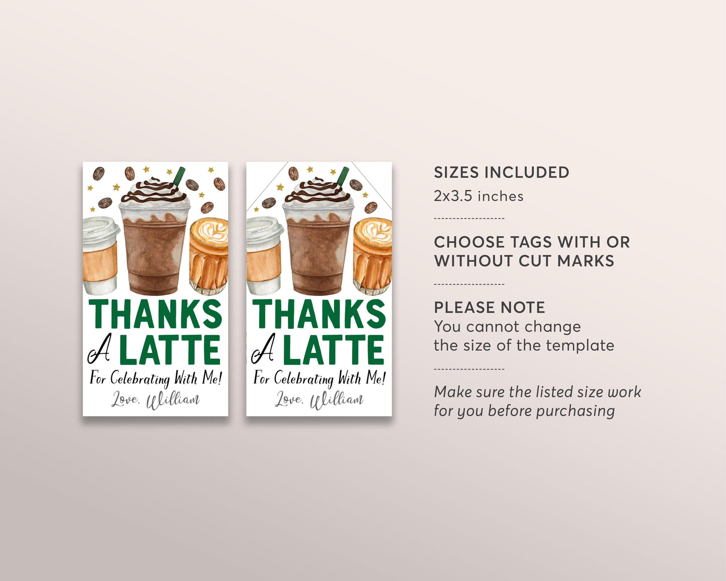 Coffee Birthday Party Favor Tags Editable Template, Thanks A Latte Fun Thank You Treat Bag, Cafe Frappuccino Frappe Coffee Theme Gift Tag