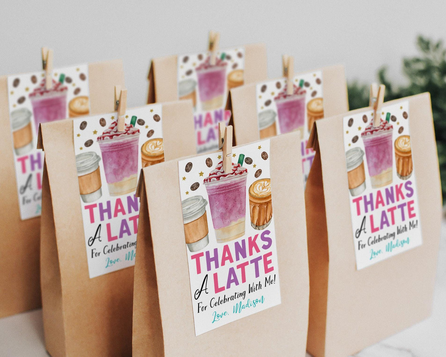 Coffee Birthday Party Favor Tags Editable Template, Girl Pink Thanks A Latte Fun Thank You Treat Bag, Cafe Frappuccino Frappe Theme Gift Tag