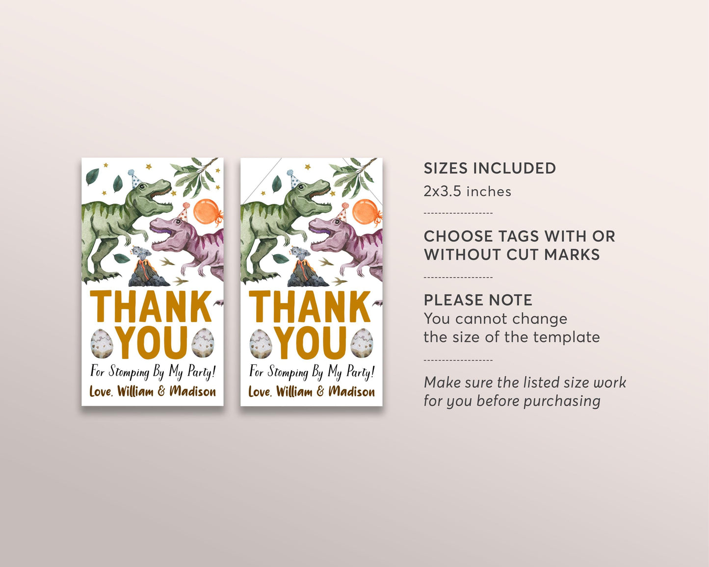Joint Dinosaur Birthday Favor Tags Editable Template, Boy Girl Twins Siblings Jurassic Dinosaur Party Thank You Stomping by Treat Bag Dino
