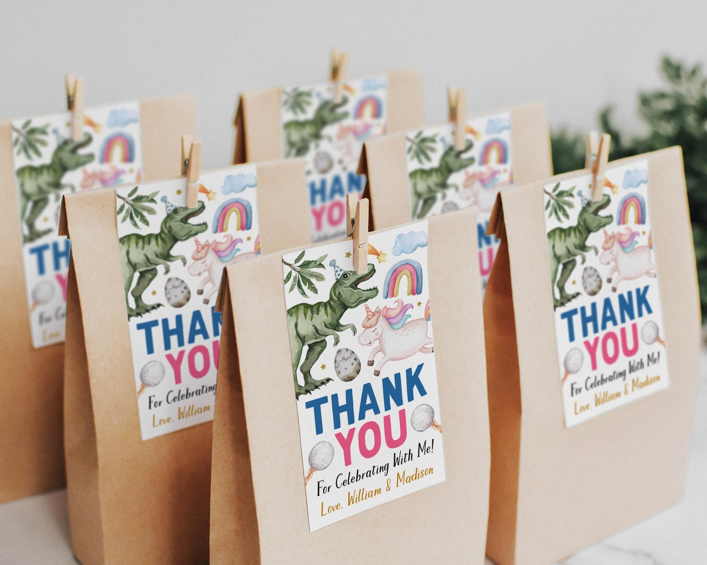 Dinosaurs and Unicorns Birthday Favor Tags Editable Template, Joint Boy Girl Siblings Magical Dinosaur Unicorn Party Thank You Treat Bag
