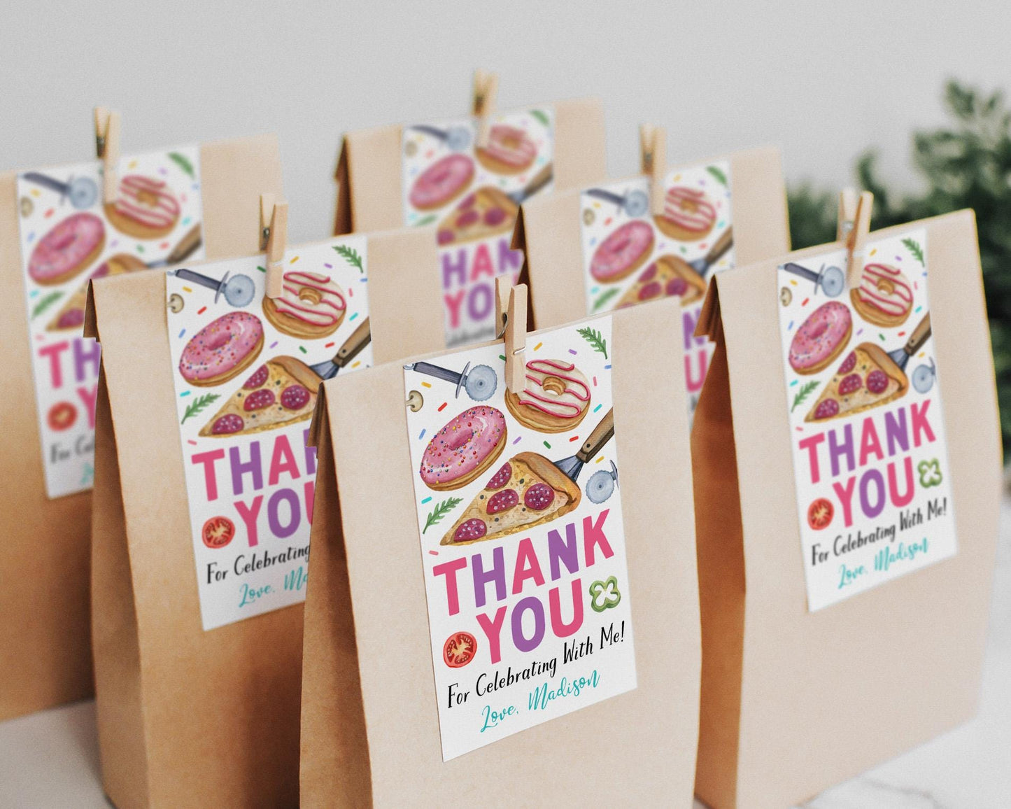 Pizza and Donuts Birthday Party Favor Tags Editable Template, Girl Donut And Pizza Thank You Treat Bag, Kids Pizzeria Pizza Making Gift Tag