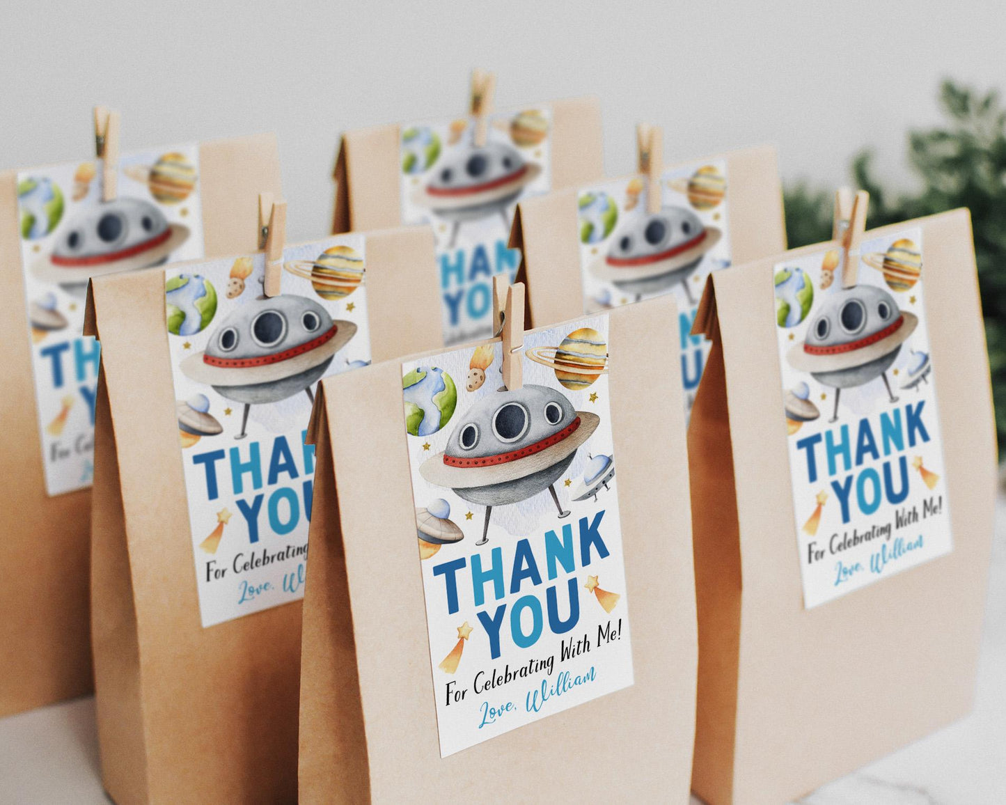 UFO Birthday Party Favor Tags Editable Template, Outer Space Spaceship Thank You Treat Bag, Alien Beam On Over Planets Solar System Gift Tag