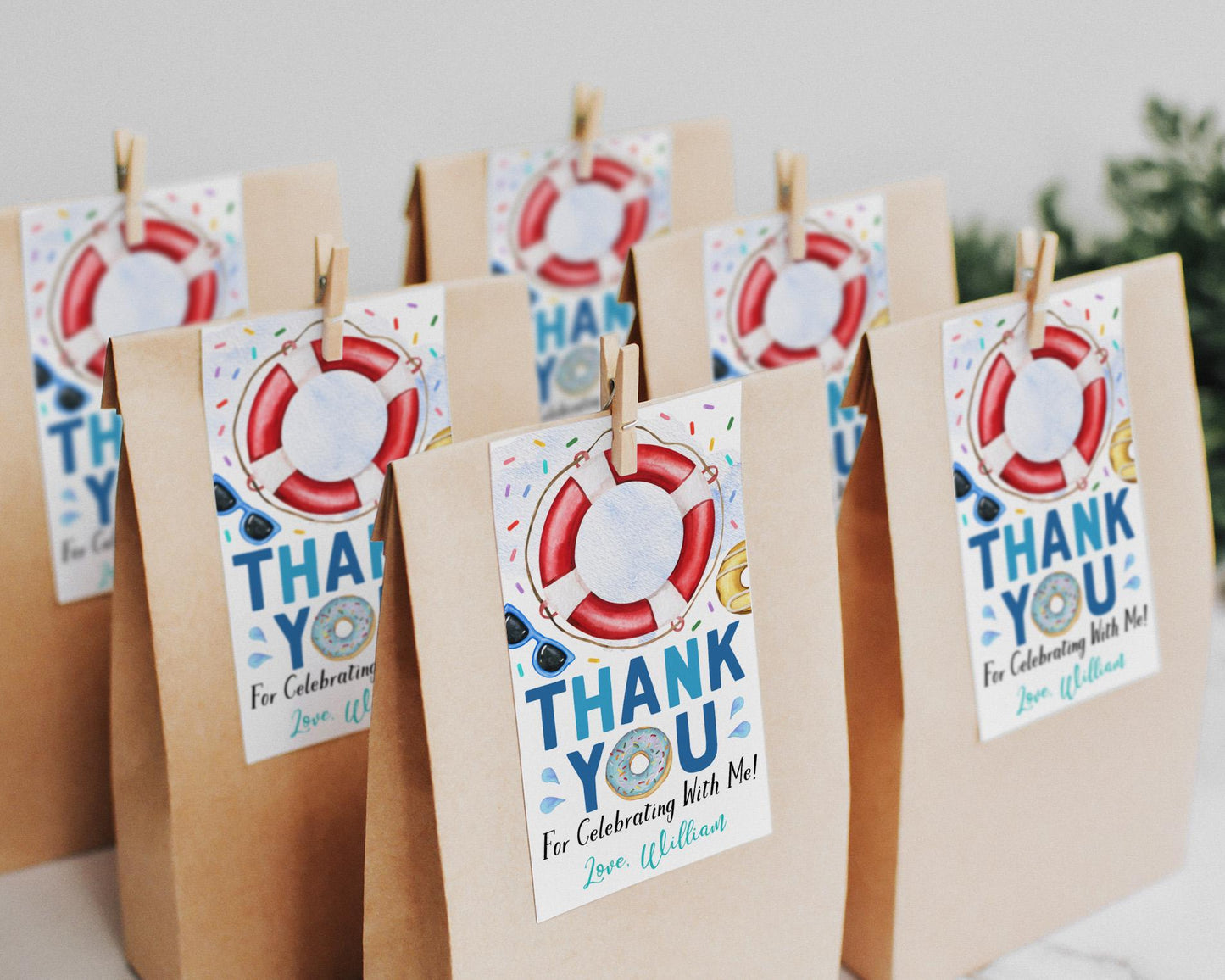 Donut Pool Party Birthday Party Favor Tags Editable Template, Boy Dunk and Donuts Thank You Treat Bag, Kids Summer Swimming Pool Party Tag