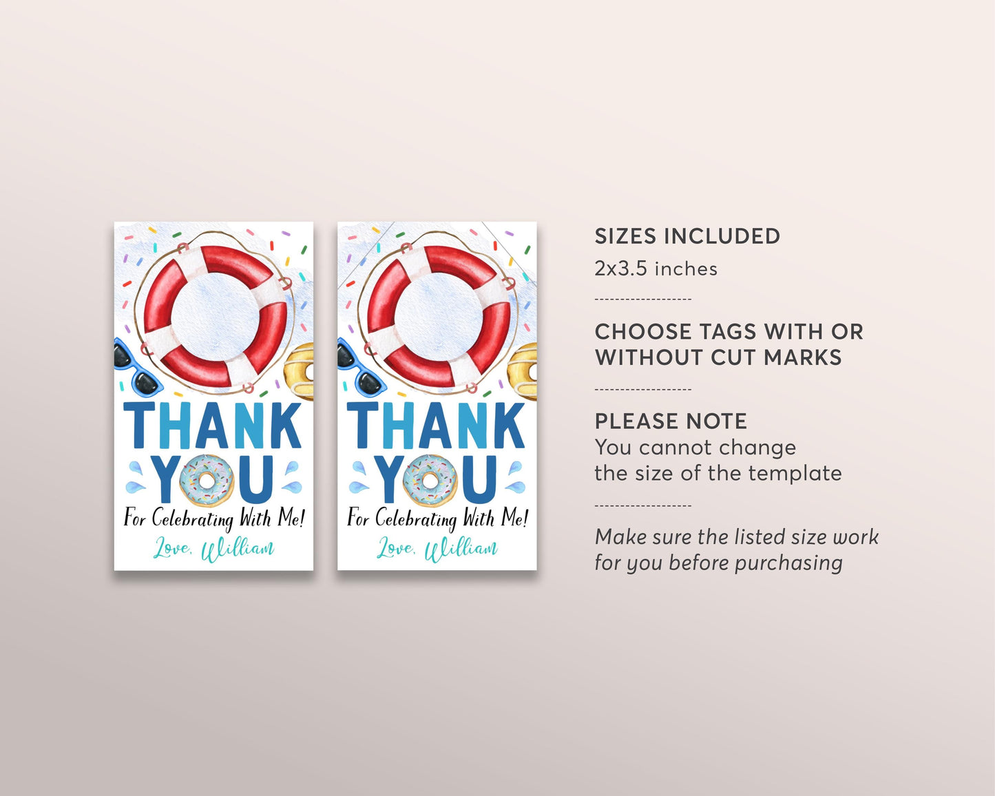 Donut Pool Party Birthday Party Favor Tags Editable Template, Boy Dunk and Donuts Thank You Treat Bag, Kids Summer Swimming Pool Party Tag