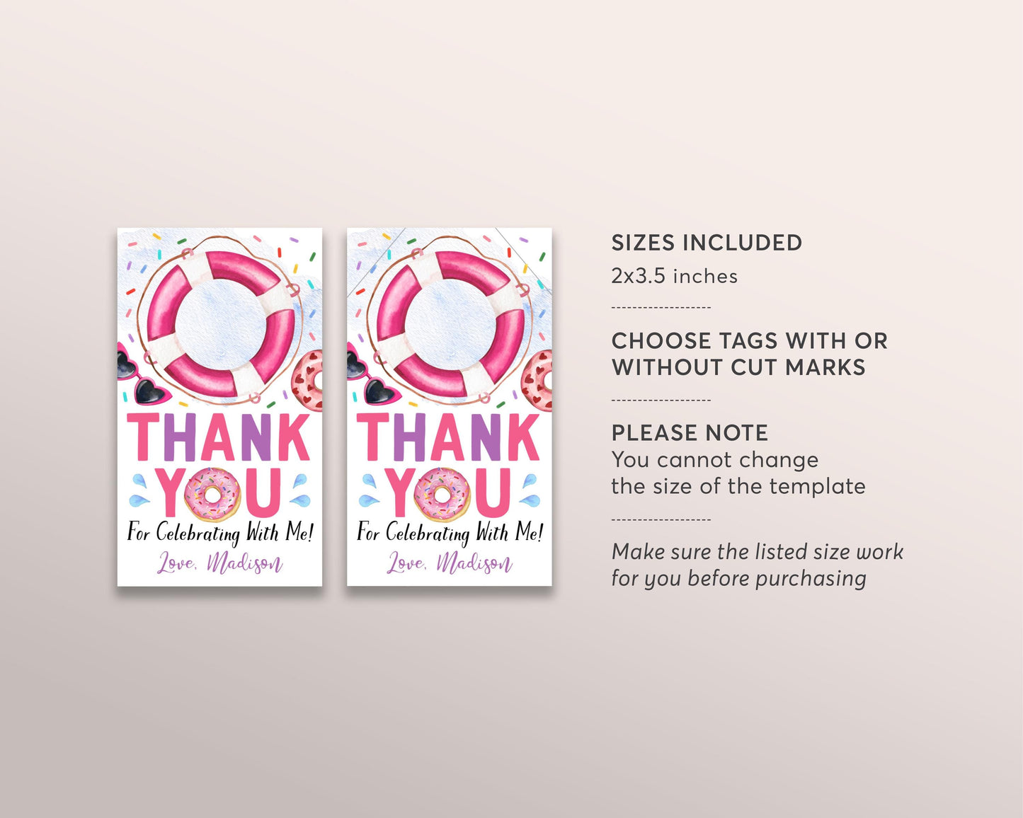 Donut Pool Party Birthday Party Favor Tags Editable Template, Girl Dunk and Donuts Thank You Treat Bag, Kids Summer Swimming Pool Party Tag