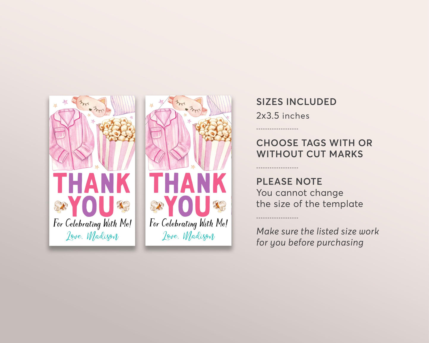 Popcorn and Pajamas Birthday Party Favor Tags Editable Template, Movie Night Party Thank You Treat Bag, Kids PJs Slumber Party Gift Tag