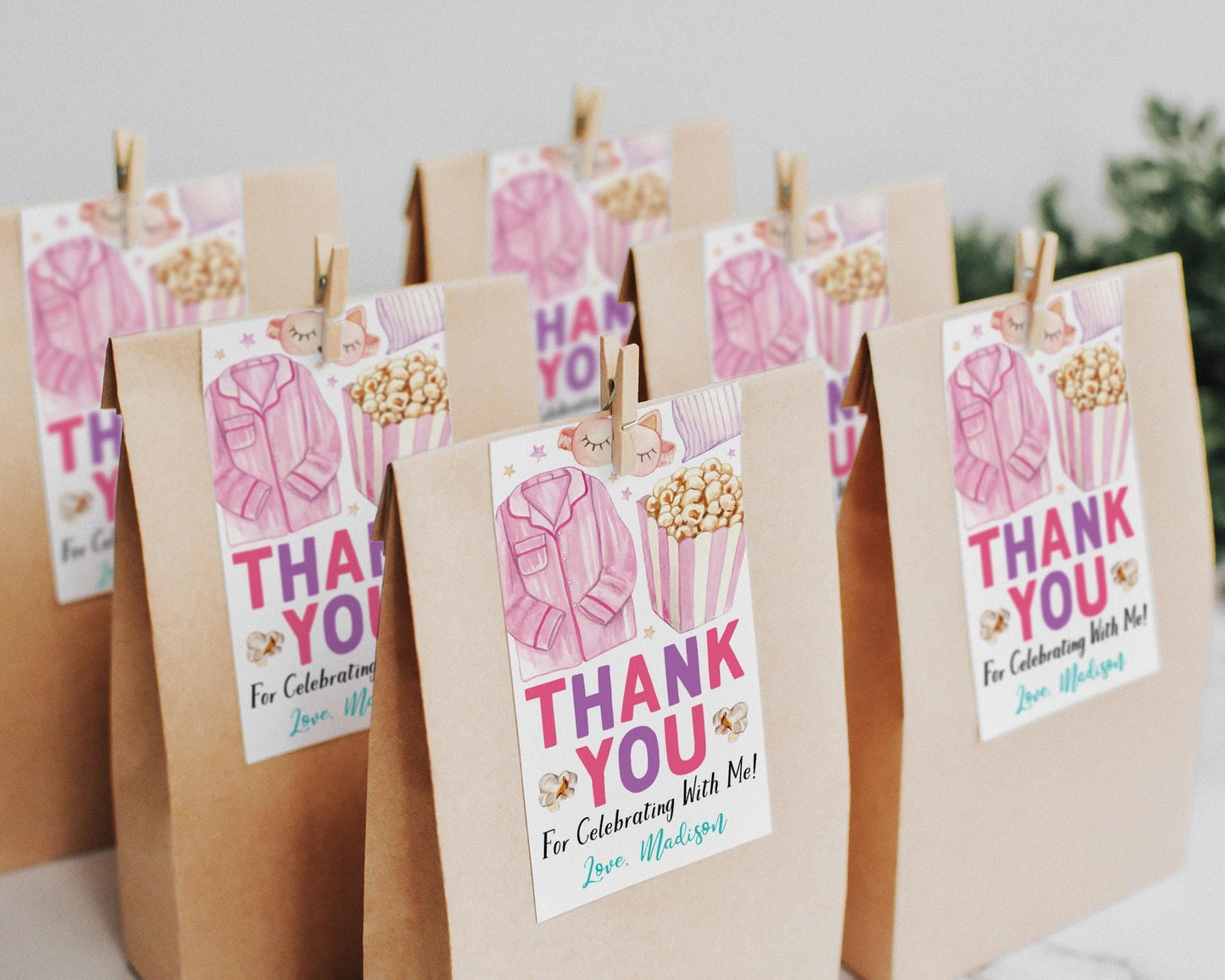Popcorn and Pajamas Birthday Party Favor Tags Editable Template, Movie Night Party Thank You Treat Bag, Kids PJs Slumber Party Gift Tag