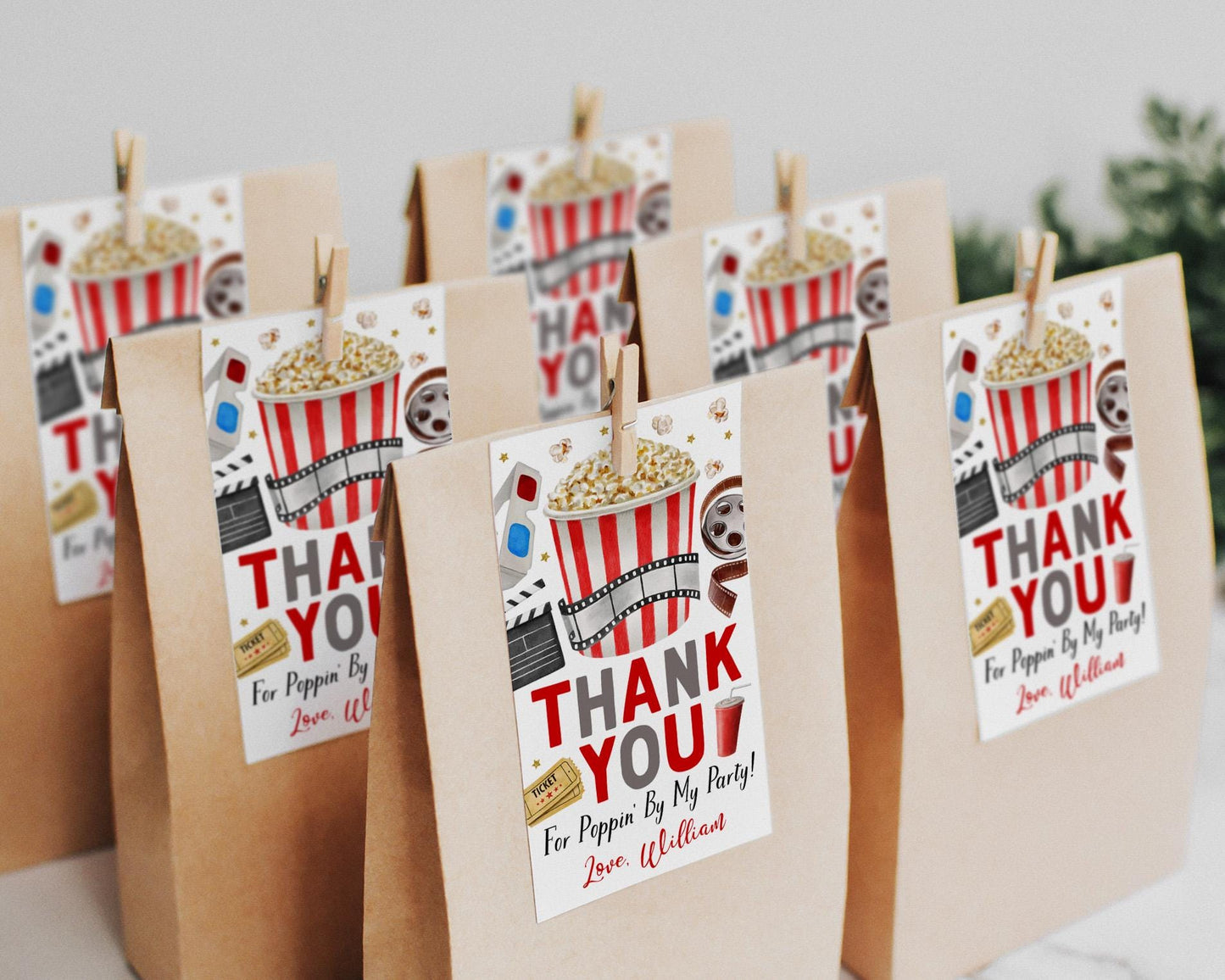 Movie Night Birthday Party Favor Tags Editable Template, Unisex Pop On Over Cinema Movie Ticket Thank You Treat Bag, Kids Popcorn Gift Tag