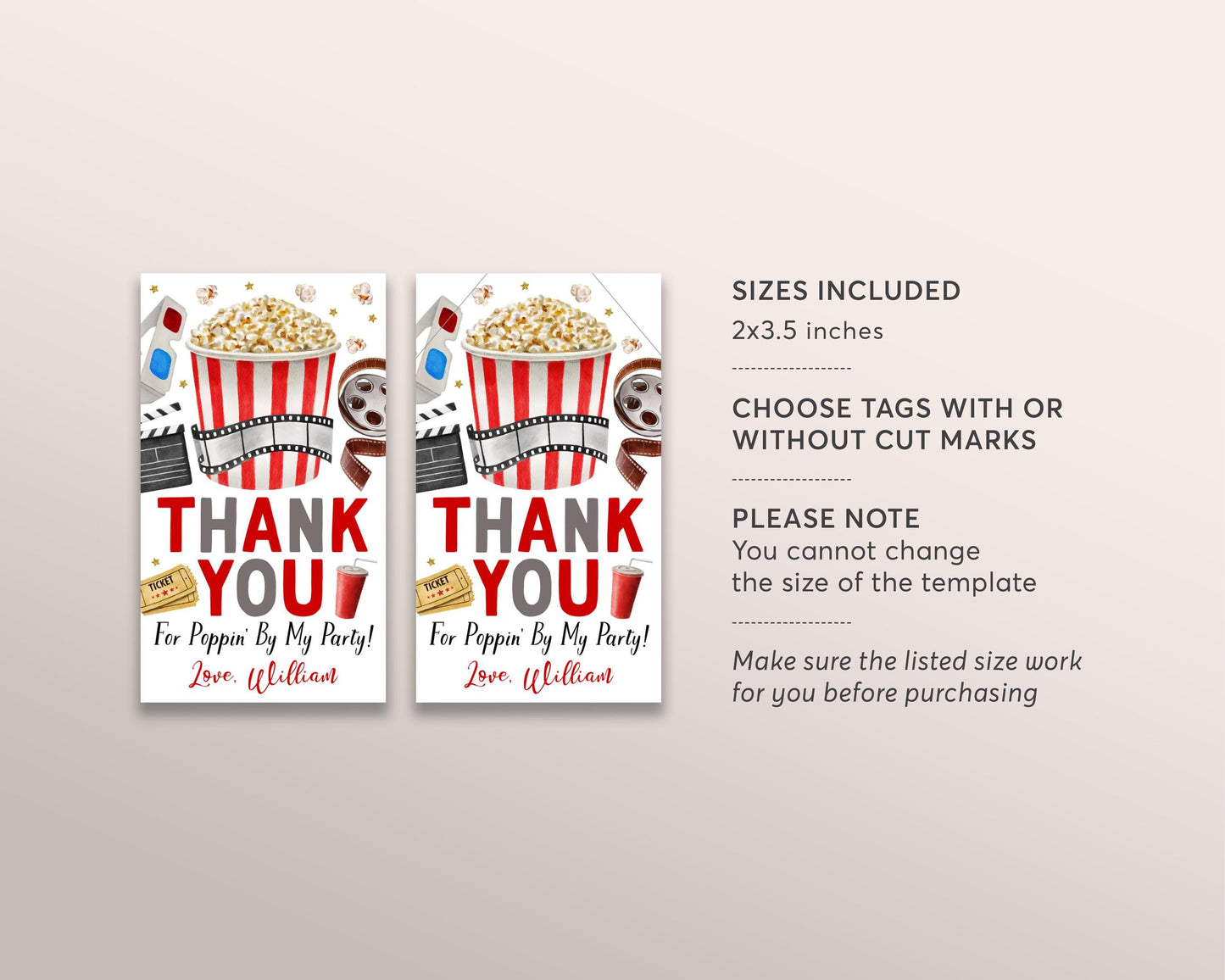 Movie Night Birthday Party Favor Tags Editable Template, Unisex Pop On Over Cinema Movie Ticket Thank You Treat Bag, Kids Popcorn Gift Tag