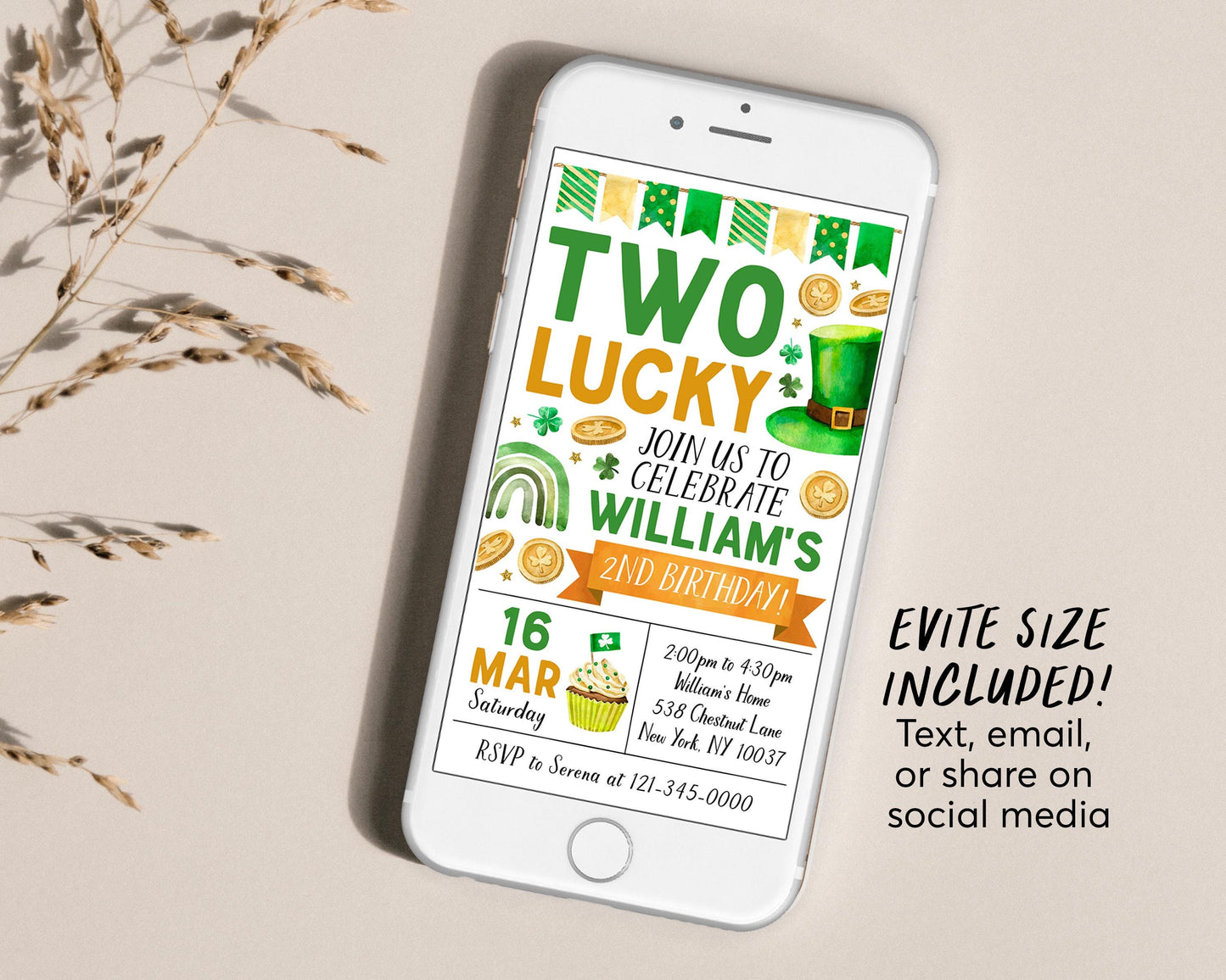 Two Lucky Second Birthday Invitation Editable Template, St Patrick's Day Shamrock 2nd Birthday Party Invite Printable Evite, St Paddy's Day