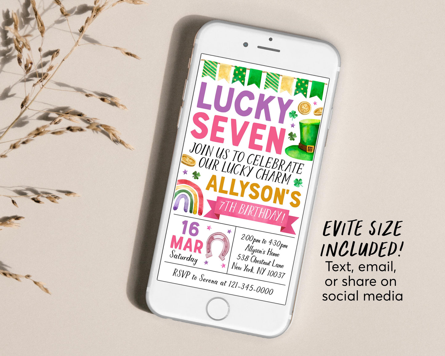 Lucky Seven 7th Birthday Invitation Editable Template, Pink Girl St Patrick's Day Shamrock Seventh Birthday Party Invite, Our Lucky Charm