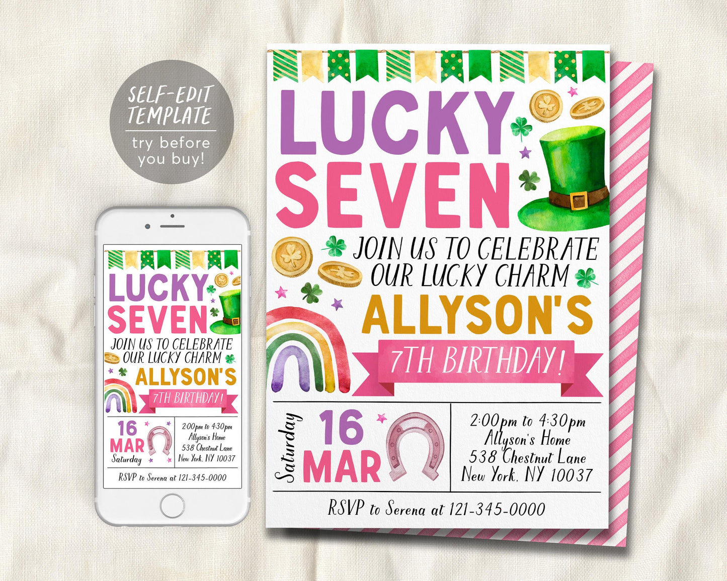 Lucky Seven 7th Birthday Invitation Editable Template