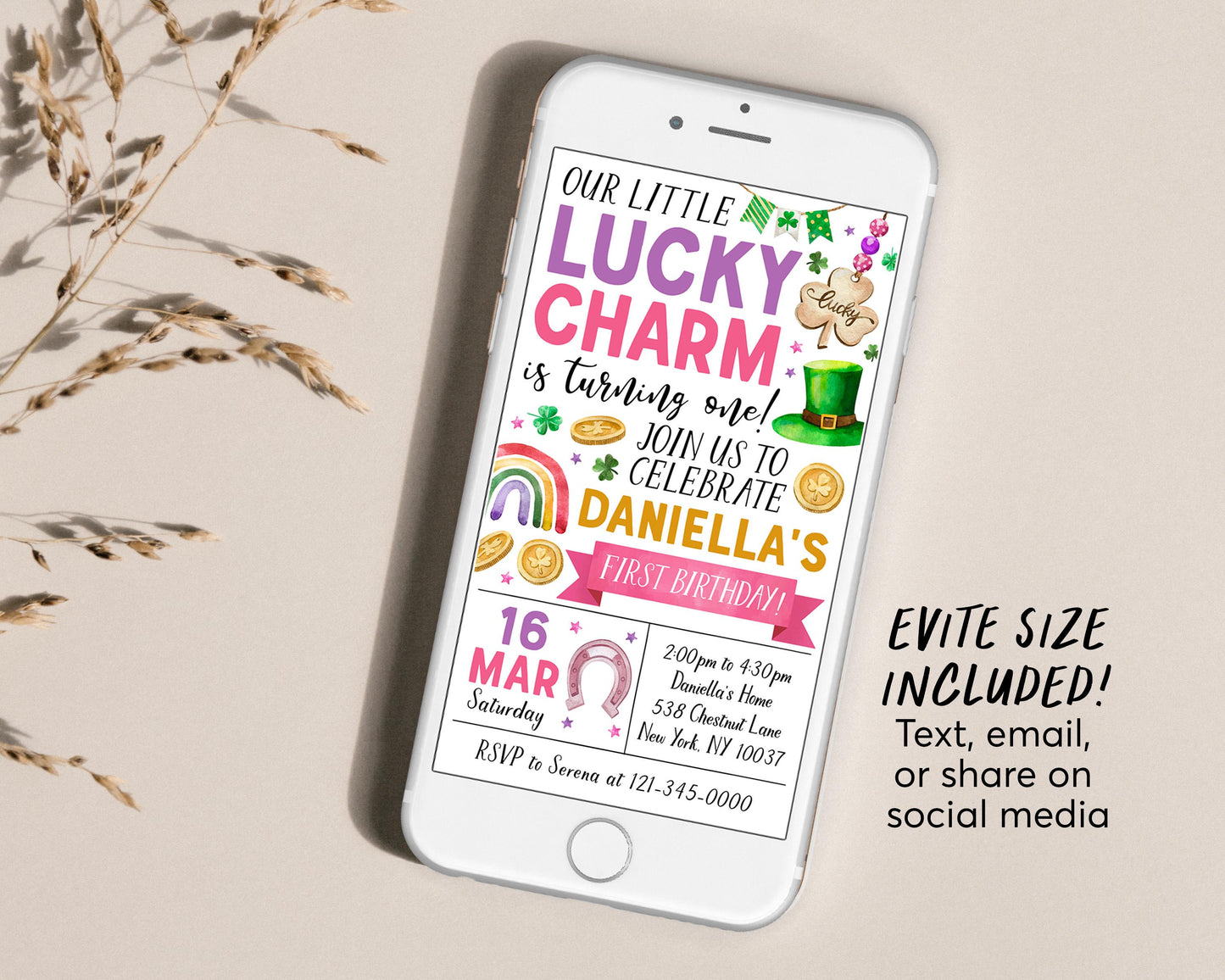 Lucky Charm Birthday Invitation Editable Template, Pink Girl St Patrick's Day Shamrock 1st First Birthday Party Invite Evite, St Paddy's Day