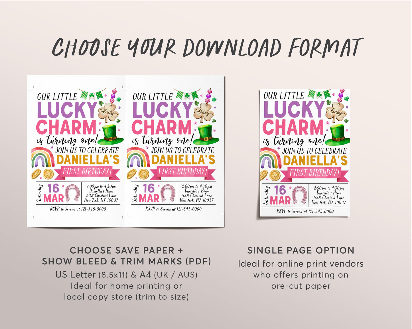 Lucky Charm Birthday Invitation Editable Template, Pink Girl St Patrick's Day Shamrock 1st First Birthday Party Invite Evite, St Paddy's Day