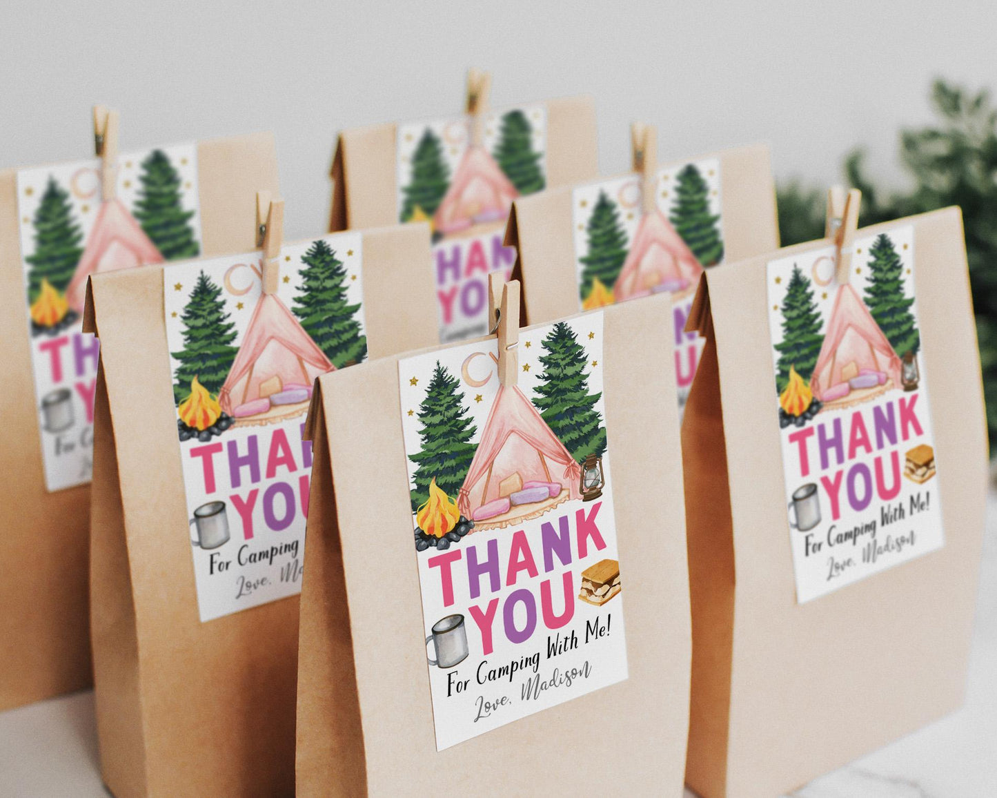 Camping Birthday Party Favor Tags Editable Template, Girl Outdoor Camp Out Party Thank You Treat Bag, Kids One Happy Camper Tent Gift Tag