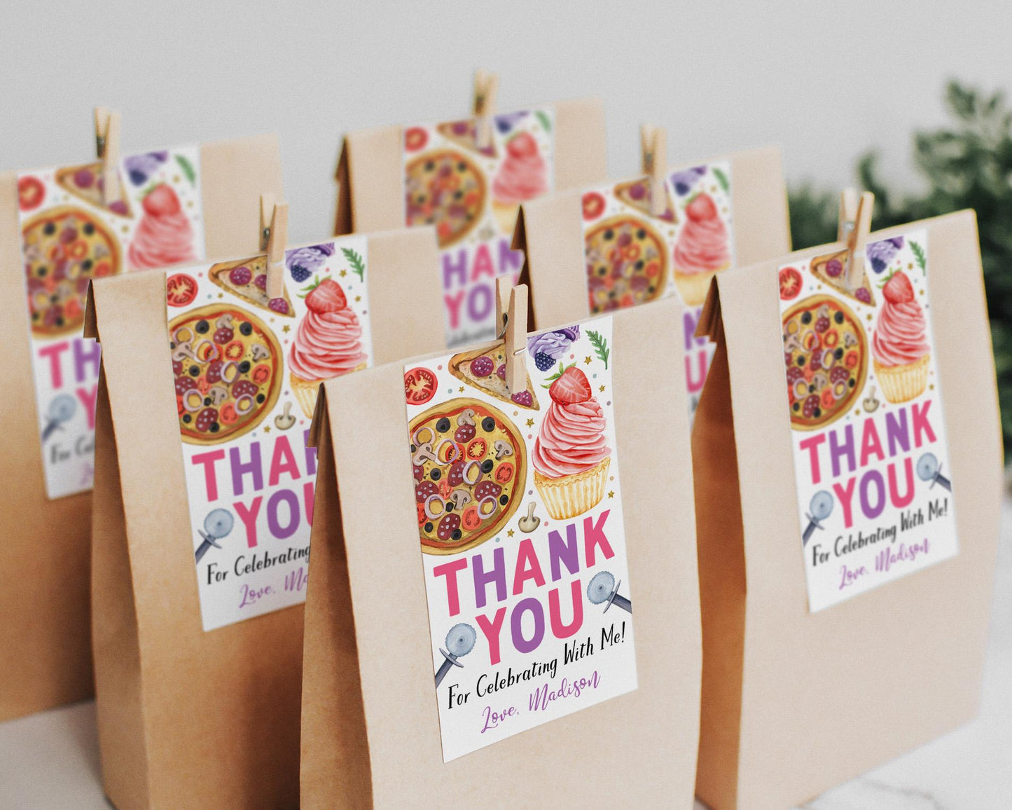 Pizza And Cupcakes Birthday Party Favor Tags Editable Template, Girl Cupcake Thank You Treat Bag, Kids Chef Baking Cake Decorating Gift Tag