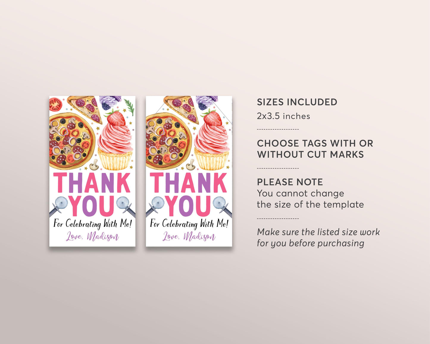 Pizza And Cupcakes Birthday Party Favor Tags Editable Template, Girl Cupcake Thank You Treat Bag, Kids Chef Baking Cake Decorating Gift Tag