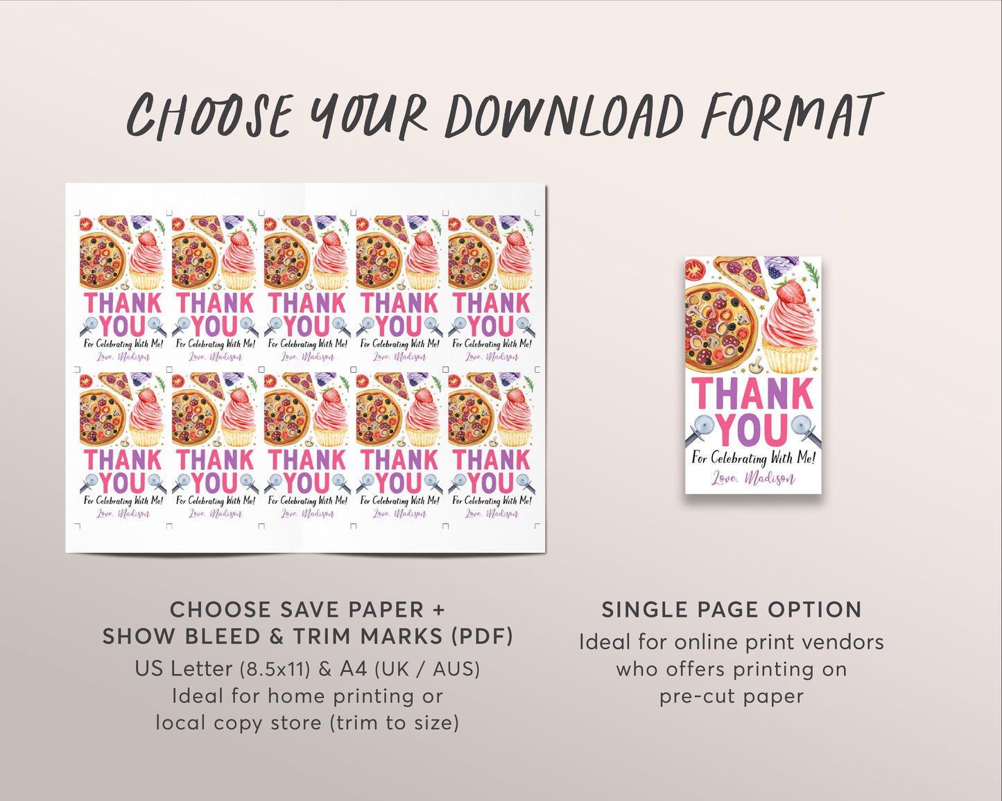 Pizza And Cupcakes Birthday Party Favor Tags Editable Template, Girl Cupcake Thank You Treat Bag, Kids Chef Baking Cake Decorating Gift Tag