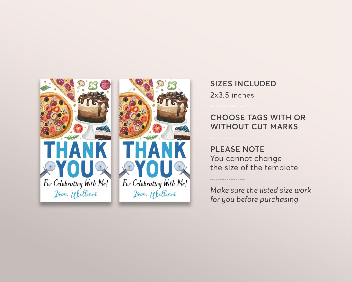 Pizza And Cake Birthday Party Favor Tags Editable Template, Boy Pizza Making Thank You Treat Bag, Cooking Baking Cake Decorating Gift Tag