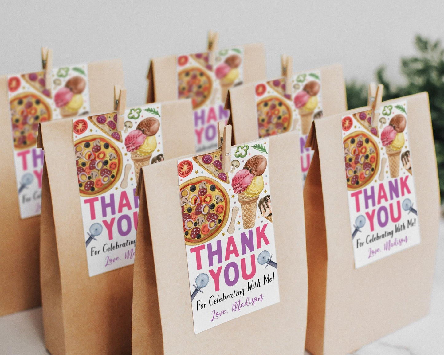 Pizza and Ice Cream Birthday Party Favor Tags Editable Template, Girl Kids Summer Ice Cream Party Thank You Treat Bag, Pizza Making Gift Tag