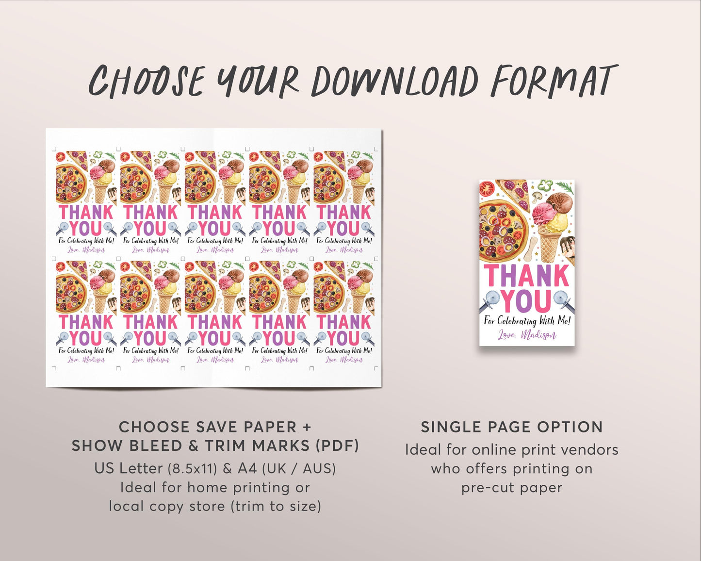 Pizza and Ice Cream Birthday Party Favor Tags Editable Template, Girl Kids Summer Ice Cream Party Thank You Treat Bag, Pizza Making Gift Tag