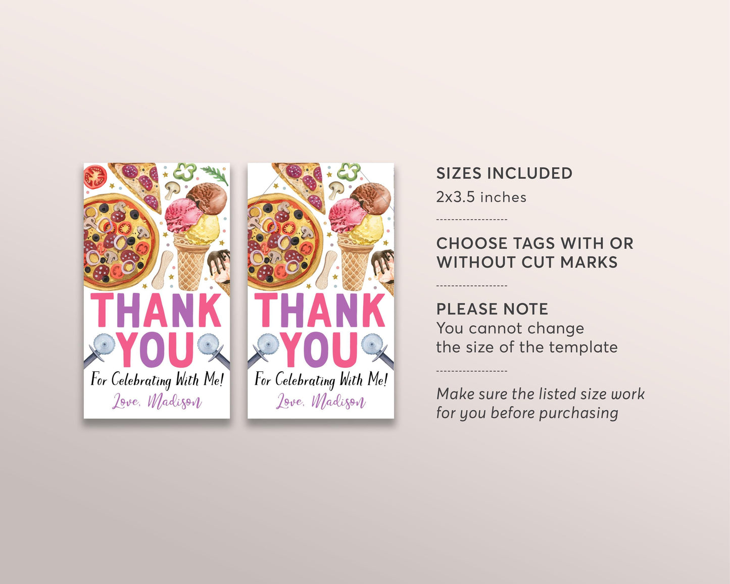 Pizza and Ice Cream Birthday Party Favor Tags Editable Template, Girl Kids Summer Ice Cream Party Thank You Treat Bag, Pizza Making Gift Tag