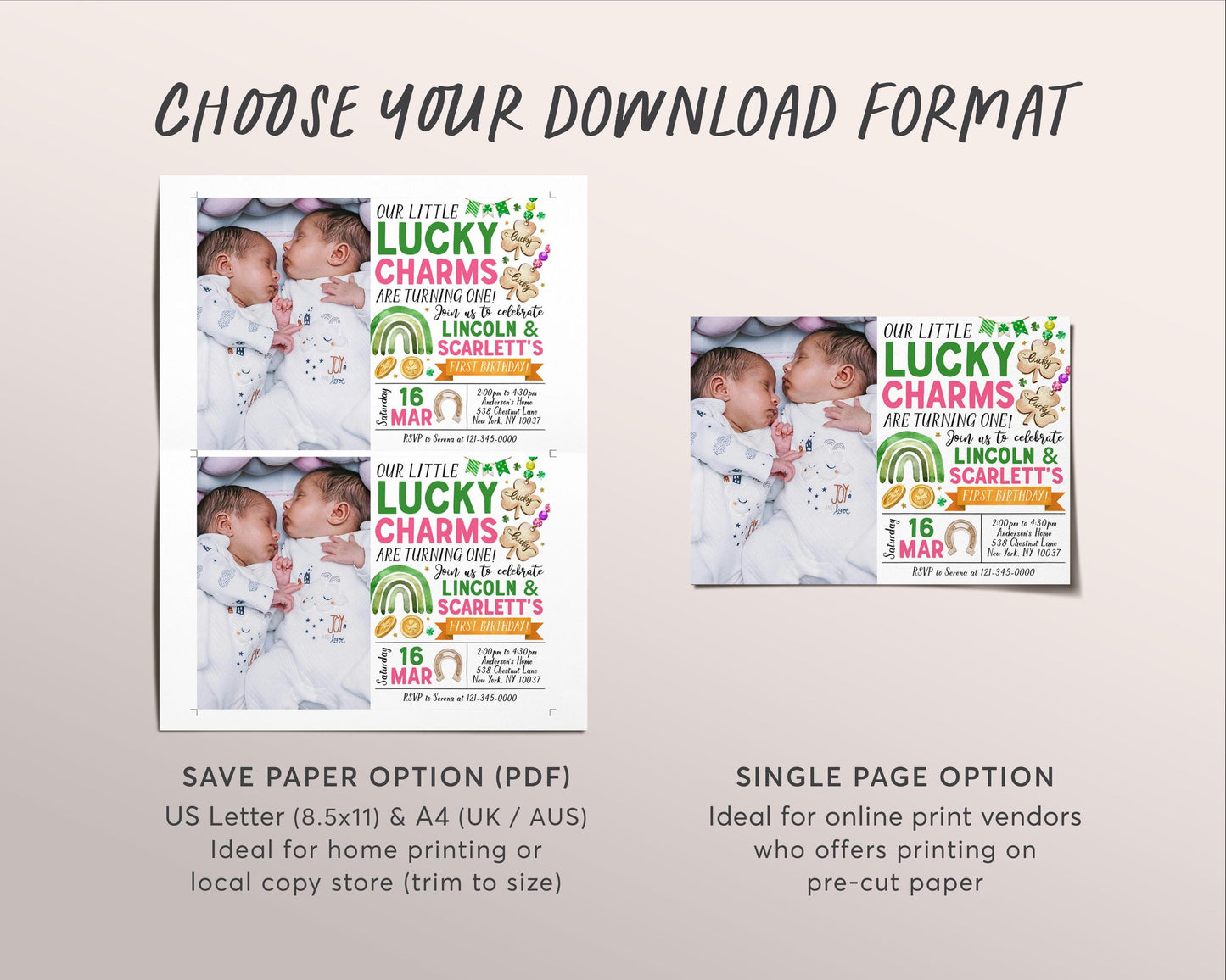 Lucky Charm Joint Siblings Birthday Invitation With Photo Editable Template, Twin Girl Boy St Patrick's Day Shamrock Party Invite Evite