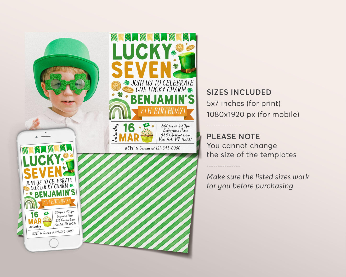 Lucky Seven 7th Birthday Invitation With Photo Editable Template, St Patrick's Day Shamrock Birthday Party Invite, Lucky 7 Our Lucky Charm