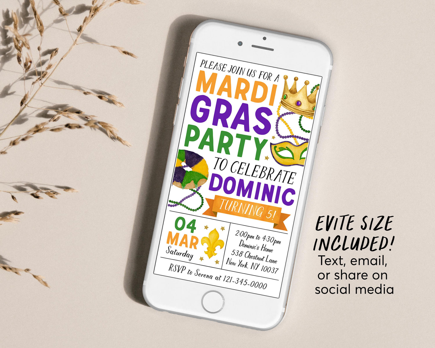 Mardi Gras Birthday Invitation With Photo Editable Template, Mardi Gras Fat Tuesday Party Invite, Let The Good Times Roll King Cake Evite