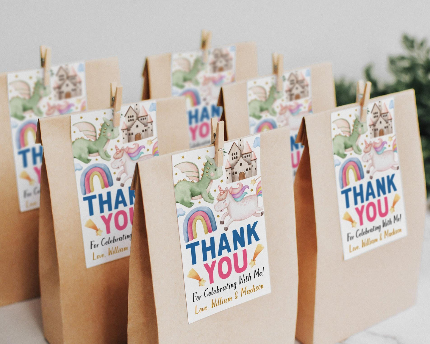 Dragons and Unicorns Joint Birthday Party Favor Tags Editable Template, Siblings Boy Girl Twins Magical Dragon Unicorn Thank You Treat Bag