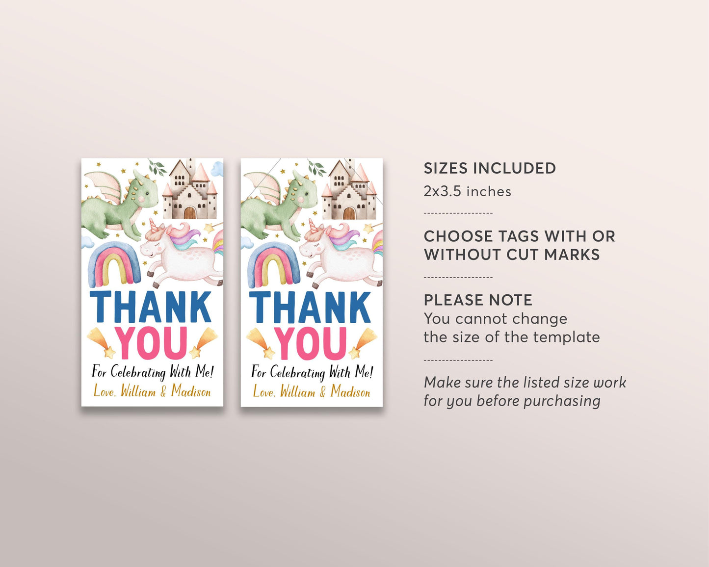 Dragons and Unicorns Joint Birthday Party Favor Tags Editable Template, Siblings Boy Girl Twins Magical Dragon Unicorn Thank You Treat Bag