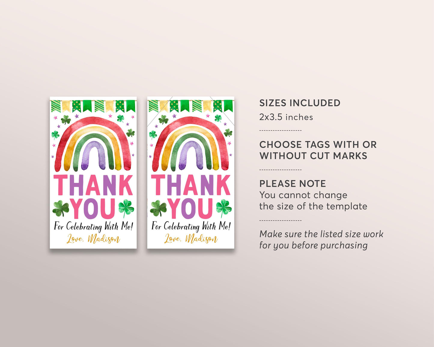 St Patricks Day Rainbow Birthday Party Favor Tags Editable Template, Shamrock Girl Birthday Thank You Treat Bag, St Paddy's Day Gift Tags